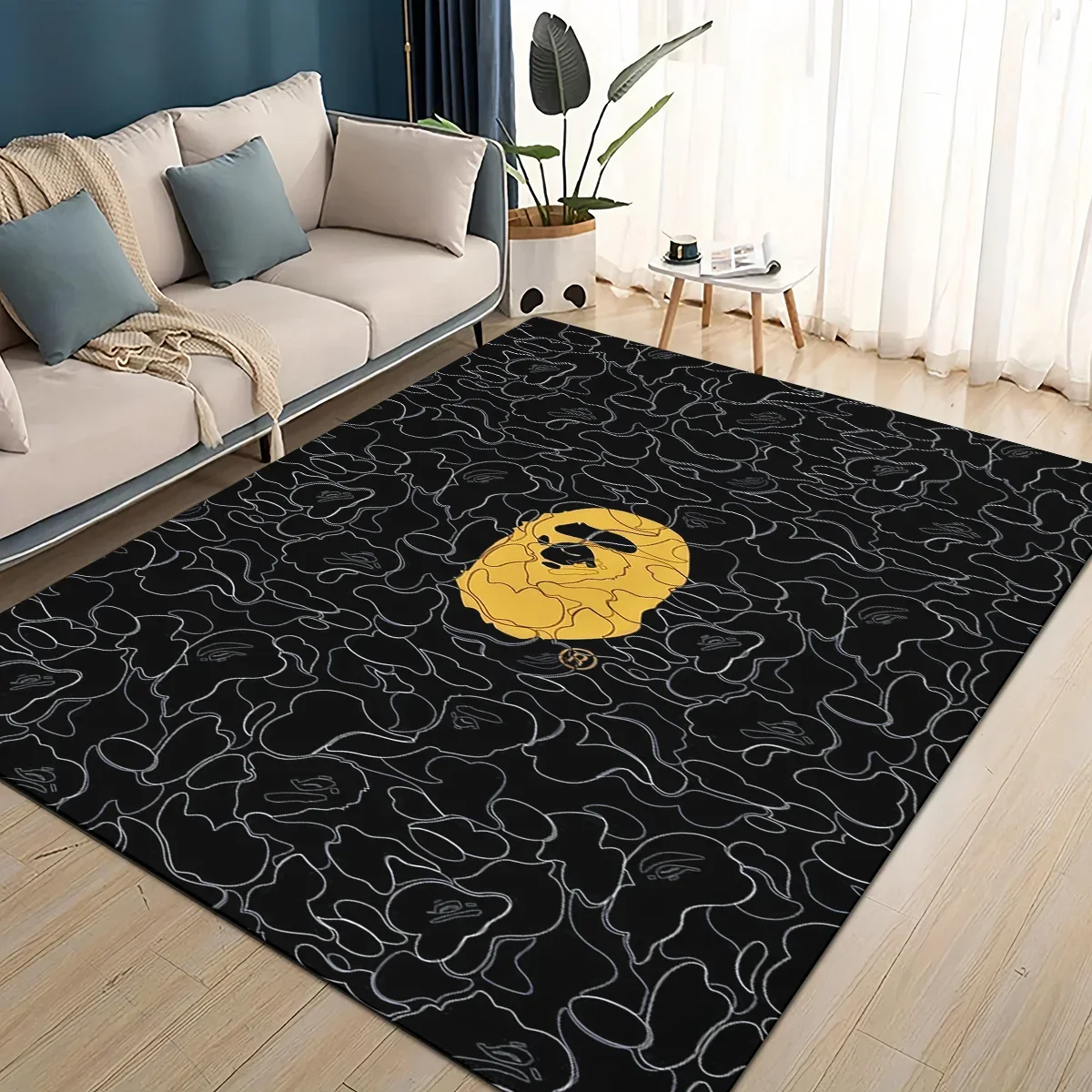 Фото Новый стиль 2025: Ковер B-BAPE с мультяшным рисунком для гостиной, спальни, домашнего декора, детский игровой коврик, нескользящий, для дивана, придверный коврик №1