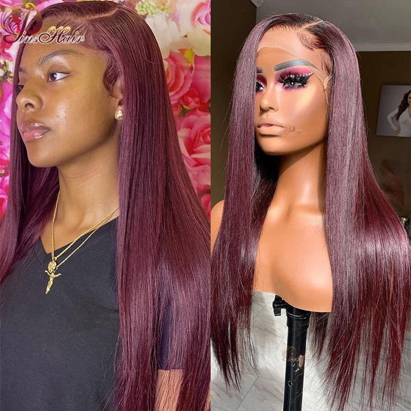 Peruvian Burgundy 99J 13×4 Transparent Lace Front Wig 30 Inch Red Straight Lace Frontal Human Hair Wigs 180 Density Red Wigs