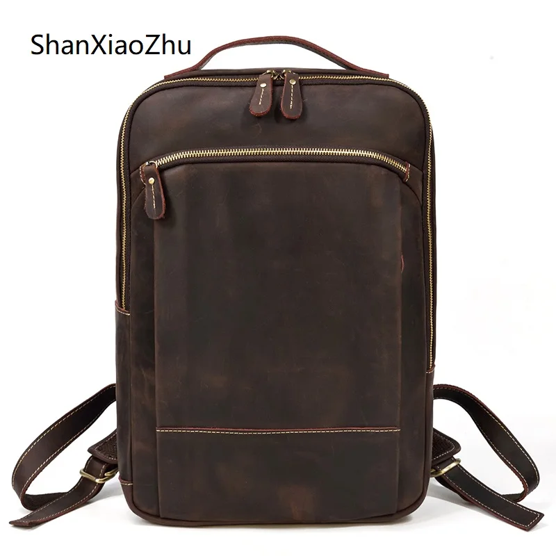 

Рюкзак мужской из натуральной кожи, ранец для ноутбука 15 дюймов, портфель из воловьей кожи, дорожная сумка из кожи Крейзи Хорс