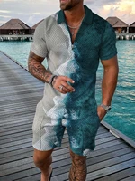 mens casual polo shirt set streetwear summer fashion 3d printed zipper short sleeve t shirt shorts two piece set