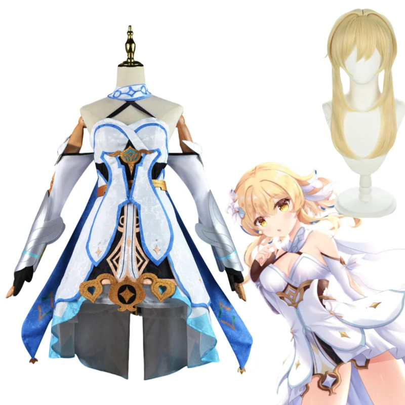 

Game Genshin Impact Lumine Cosplay Costume White Dress Sleeve Socks Armguard Belt Glove Wig Full Uniforms Halloween Costumes