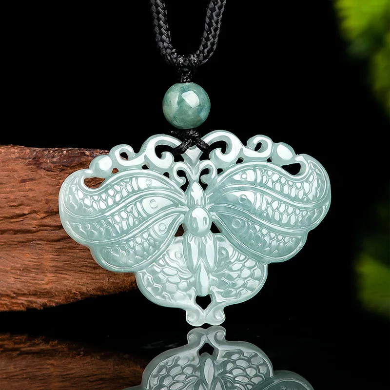 

Natural Jade Beautiful Butterfly Pendant With Rope Chain Necklace For Man and Women Fengshui Geomantic Amulet Talisman