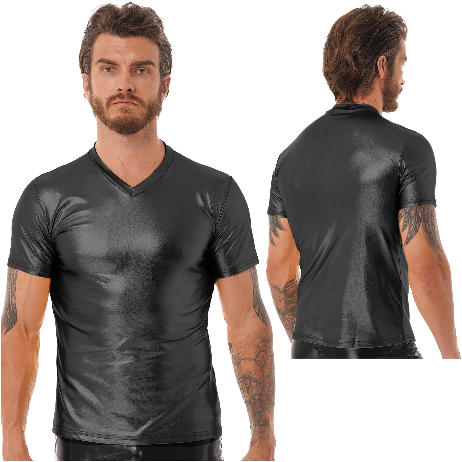 Мужская Блестящая футболка с коротким рукавом и V-образным вырезом | одежда