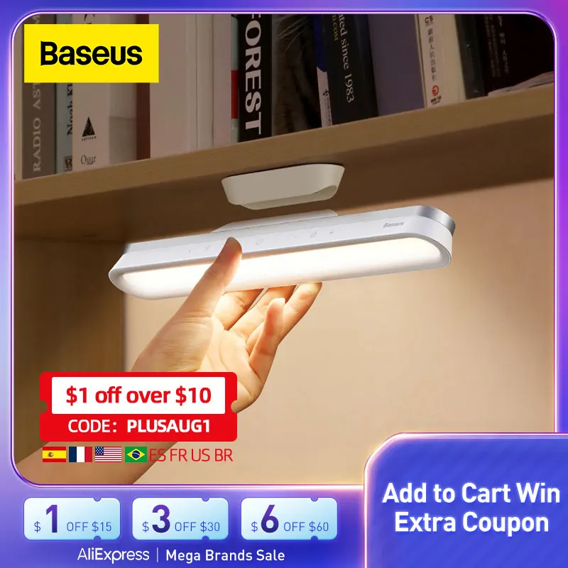 Baseus LED Desk Lamp Magnetic Hanging Table Lamp for Study Cabinet Light USB Rechargeable Stepless Dimming Dormitory Night Light