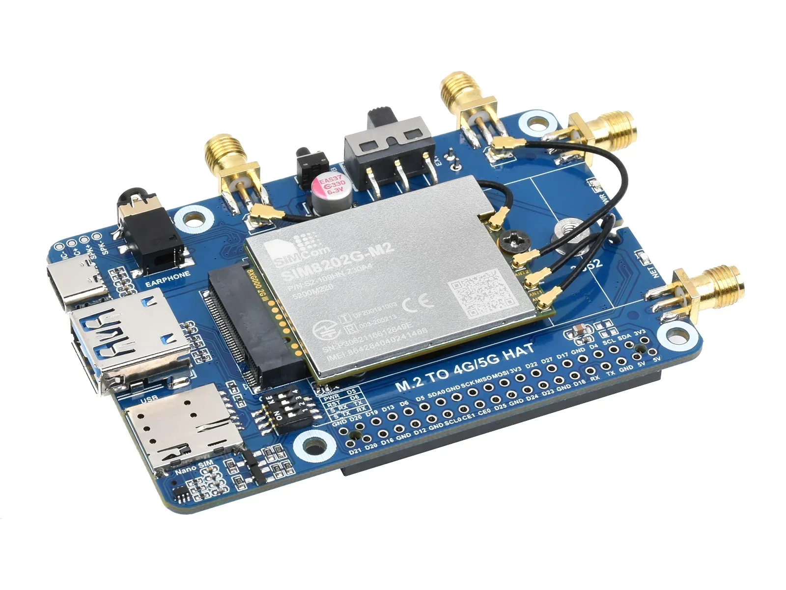 Фото z Для SIM8202G-M2 5G HAT (B), для Raspberry Pi, Snapdragon X55, четырехъядерные антенны 5G NSA, многодиапазонный, совместимость с 5G/4G/3G №2