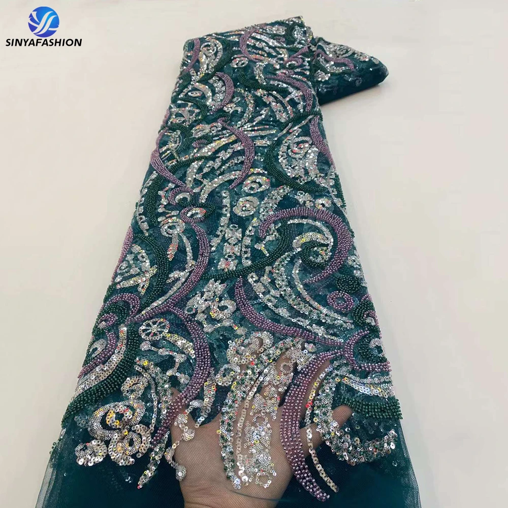 

Sinya 5 Yards African French Tulle Nigerian Lace Fabrics For Wedding High Quality Luxury Heavy Sequins Beaded Lace Fabric Bridal