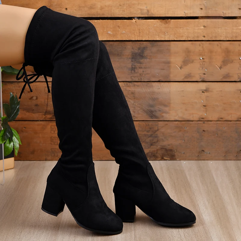 

Черные Сапоги выше колена из флока женские высокие сапоги на толстом каблуке со шнуровкой сзади 2023 г. Женские осенние сапоги до бедра с круглым носком, Botas De Mujer