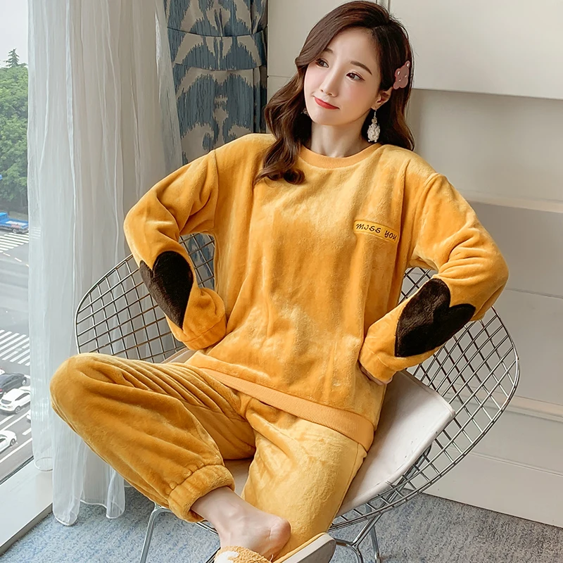 New Autumn Winter Warm Flannel Women Pajamas Set Cute Coral Velvet Long Sleeve Cartoon Sleepwear Set Leisure Home Wear Clothes