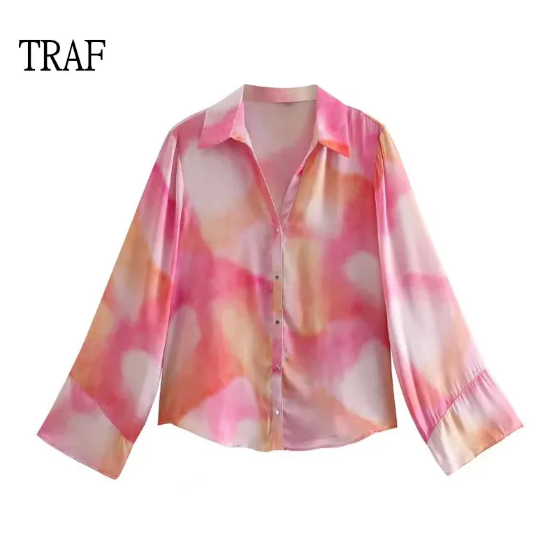 

TRAF Women Blouses 2022 New Fashion Tie Dye Shirt Lady Button Up Long Sleeve Top Woman Clothing Elegant Blouses Chic Top