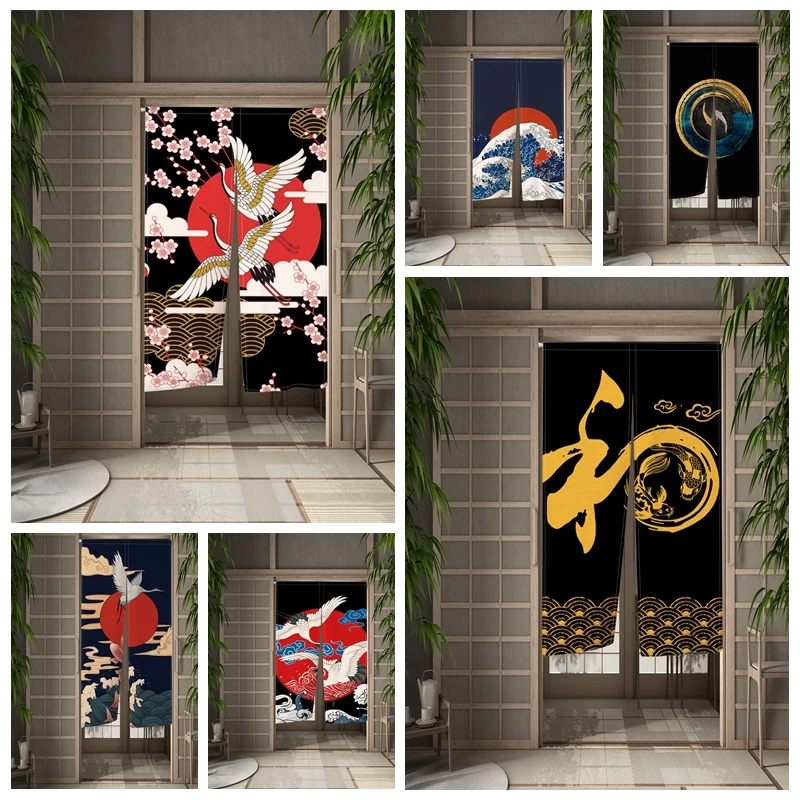 

Japanese Ukiyo-e Door Curtain Carp Crane Doorway Curtain Cherry Blossoms Linen Decorative Drapes Cafe Restaurant Decor Partition