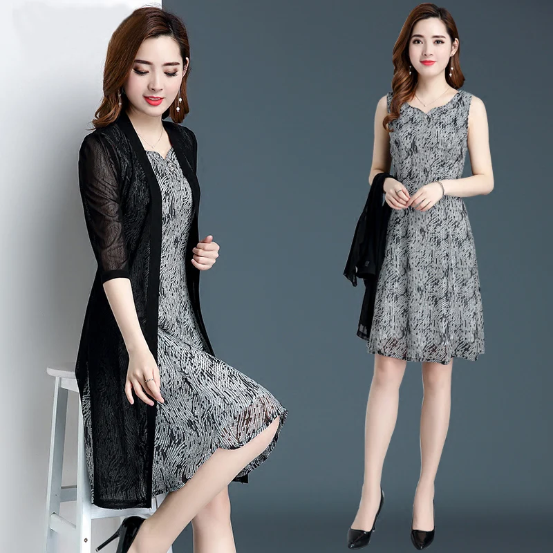 

Dress Suit Women's Fashion 2022 Summer New Style Korean Retro Printed Chiffon Dresses Chiffon Blouse Two-piece Suit 4XL E197