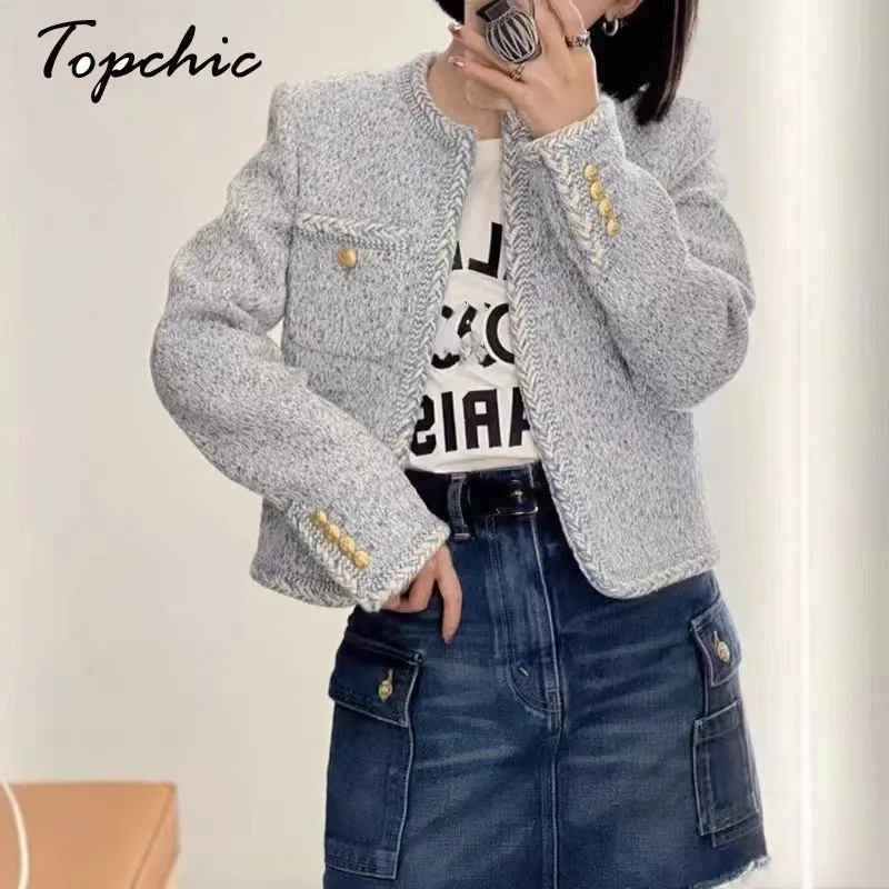 

Женская твидовая куртка, элегантное короткое шерстяное пальто с круглым вырезом и золотыми пуговицами, роскошный брендовый жакет, весна-осень