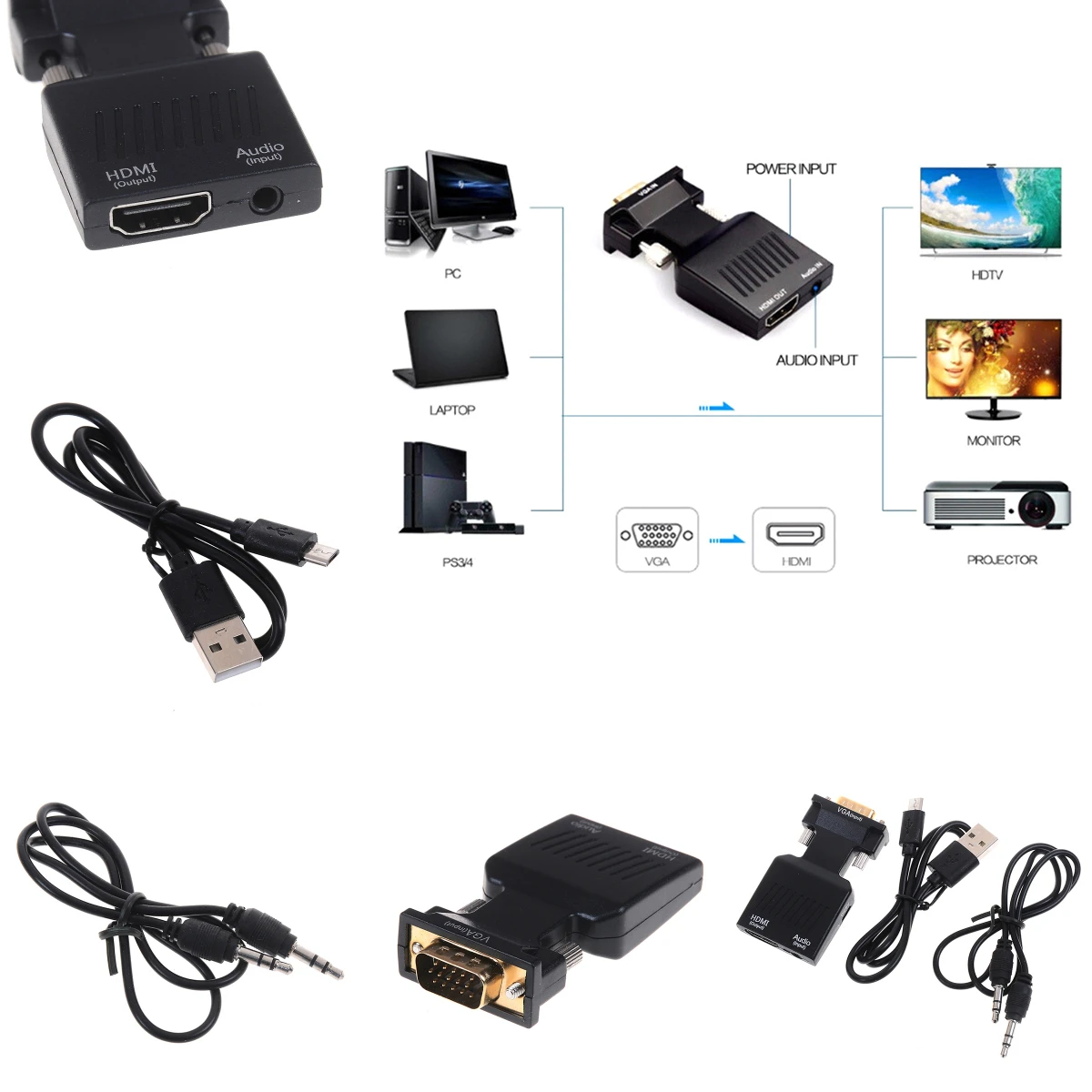 

Преобразователь VGA-HDMI с аудио Full HD VGA-HDMI адаптер с видеовыходом 1080P HD для ПК ноутбука HDMI ToVGA