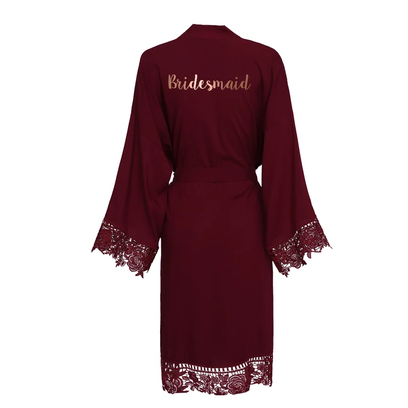 New Burgundy Solid Rayon Cotton Kimono Robes with Lace  Women Wedding Bridal Robe Bathrobe Sleepwear White