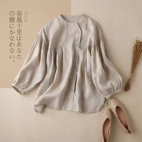 limiguyue cotton linen women tops blouses spring elegant lantern sleeve shirts loose cute casual single breasted blusas mujer