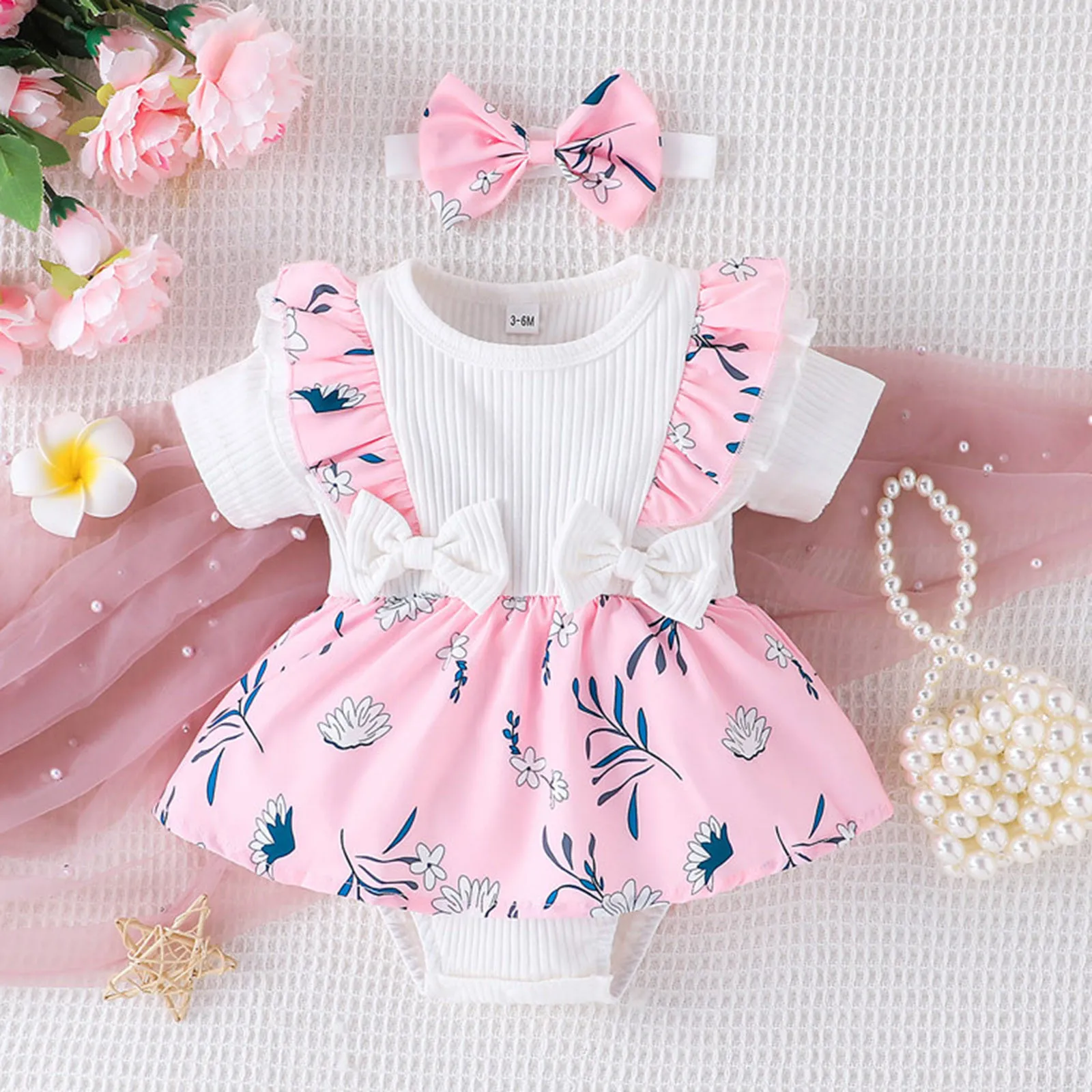 

Infant Girls Short Sleeve Floral Prints Ribbed Romper Newborn Bodysuits Dress Headbands Set 0-12 Months Romper Dress Jumpsuits