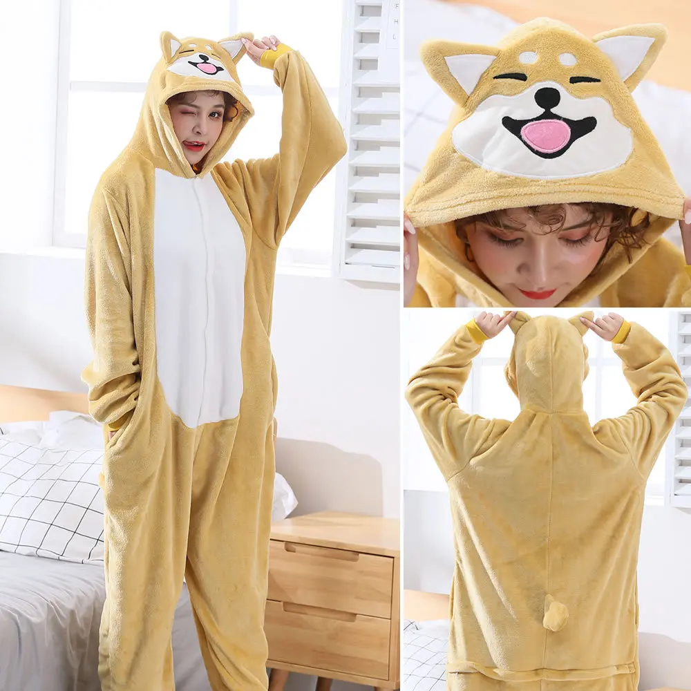 Winter Flannel Pajamas Sets Adults Animal Sleepwear Dog Cosplay Onesies Women Men Unisex Nightie Halloween Christmas Homewear