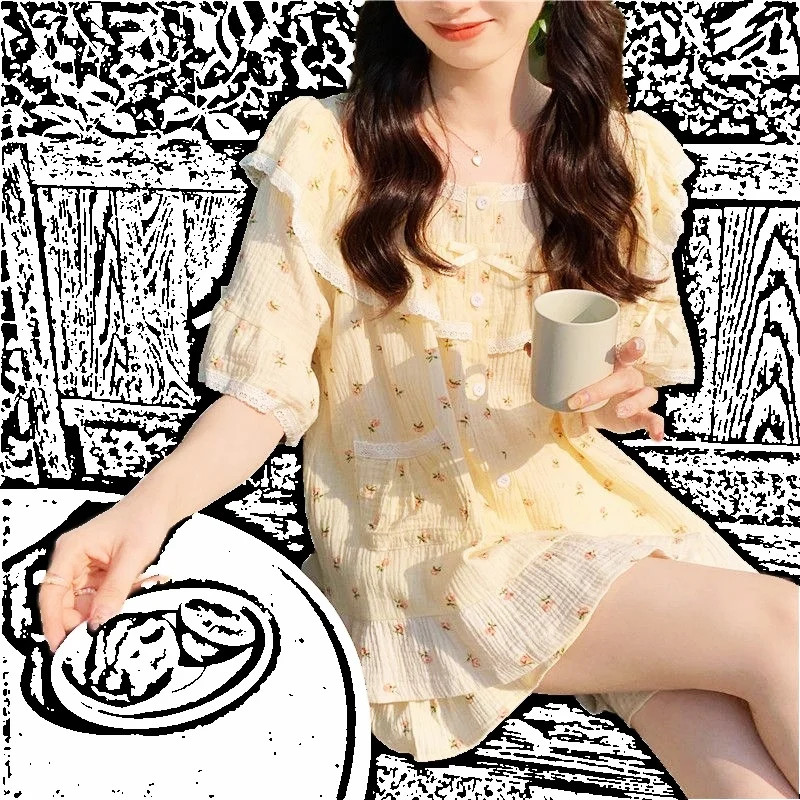 Pajamas Set Women Summer Short Sleeve T-shirt Shorts 2Piece/Set Summer Sweet Plaid Pyjama Big Size Homewear Cozy Sleepwear