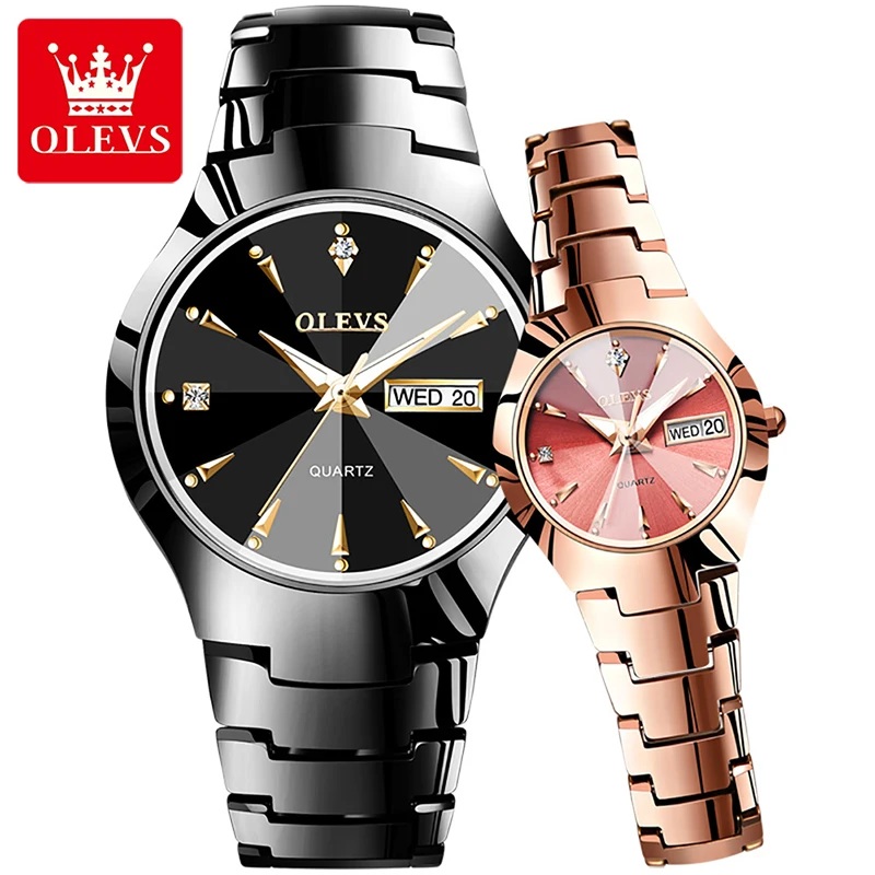 

OLEVS Couple Watch Fashion Tungsten Steel Strap Top Brand Luxury Waterproof Luminous Quartz Watches Weekly Calendar Display 8697