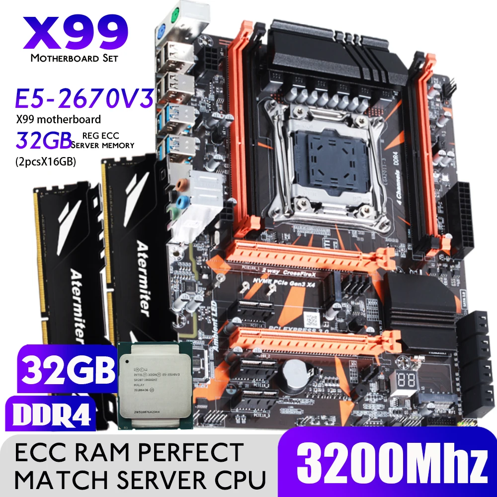 Комплект материнской платы Atermiter X99 D4 DDR4 с процессором Xeon E5 2670 V3 LGA2011-3 2 шт. X 16 ГБ = 32