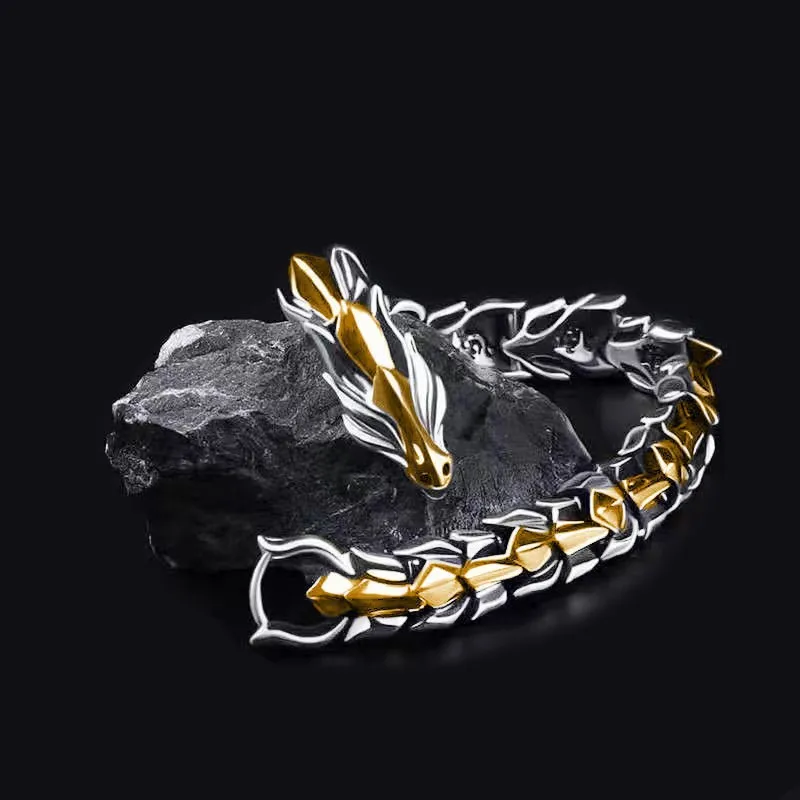 Silver Plated Vintage Dragon Head Dragon Lin Pattern Keel Bracelet Hip Hop Jewelry