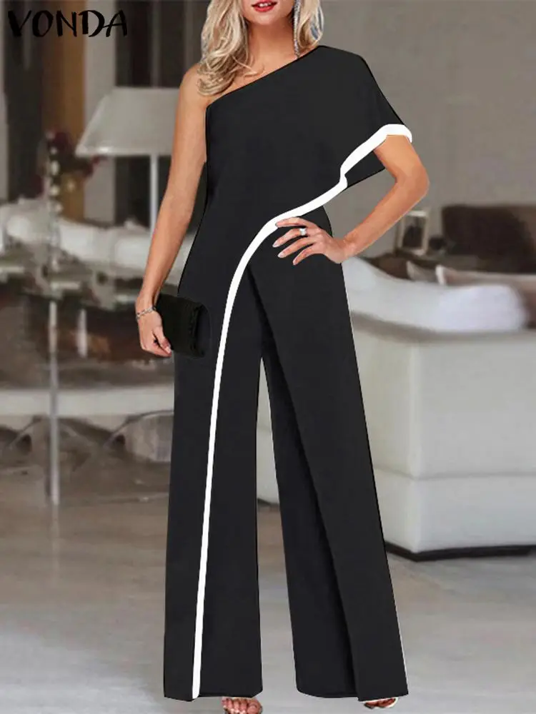 2023 VONDA Women's Summer Rompers Elegant Office Formal Jumpsuits Casual Solid One Shoulder Sexy Loose Party Overalls Oversized