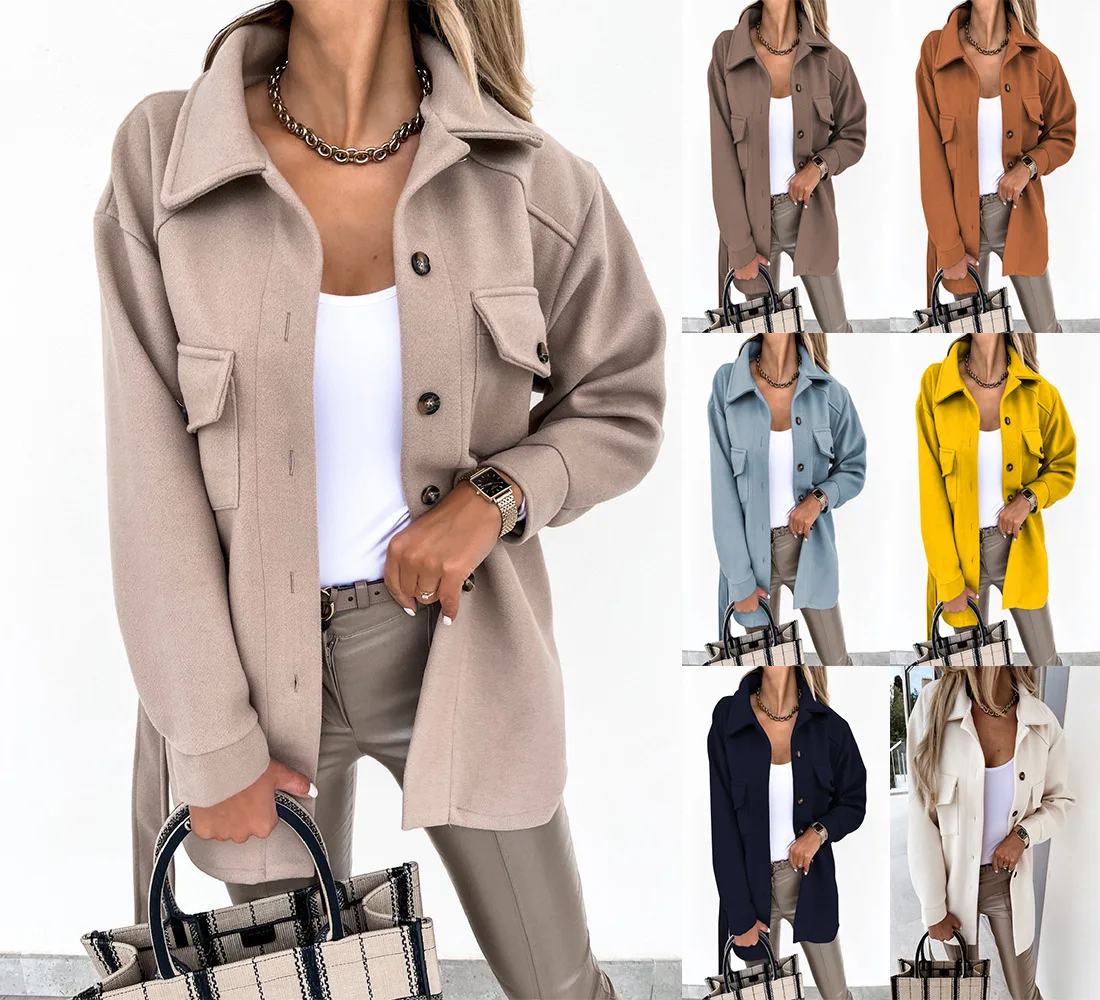 

Autumn and winter lapel single breasted thickened solid color shirt woolen loose coat for women
