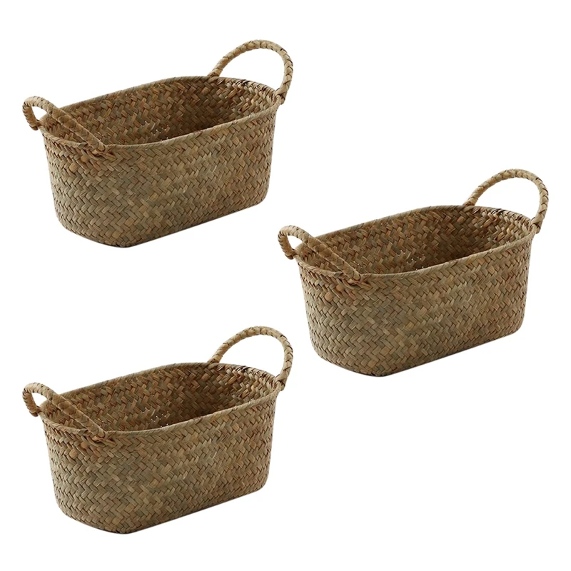 

3X Handmade Woven Storage Basket Straw Food Container Makeup Organizer Rattan Breadfruit Case Holder(S,24X15x9cm)