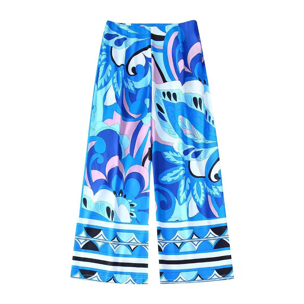 

Women 2022 New Fashion Chic Printed Trousers Retro Pleated Decorated High Waist Side Zipper Female Straight Cropped Pants Mujer