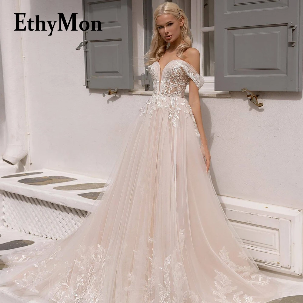 

Ethymon Modern V-neck Wedding Gown For Bride Sparkly Tulle Off the Shoulder Sequined A-line Lace Up Robe De Mariée Custom Made