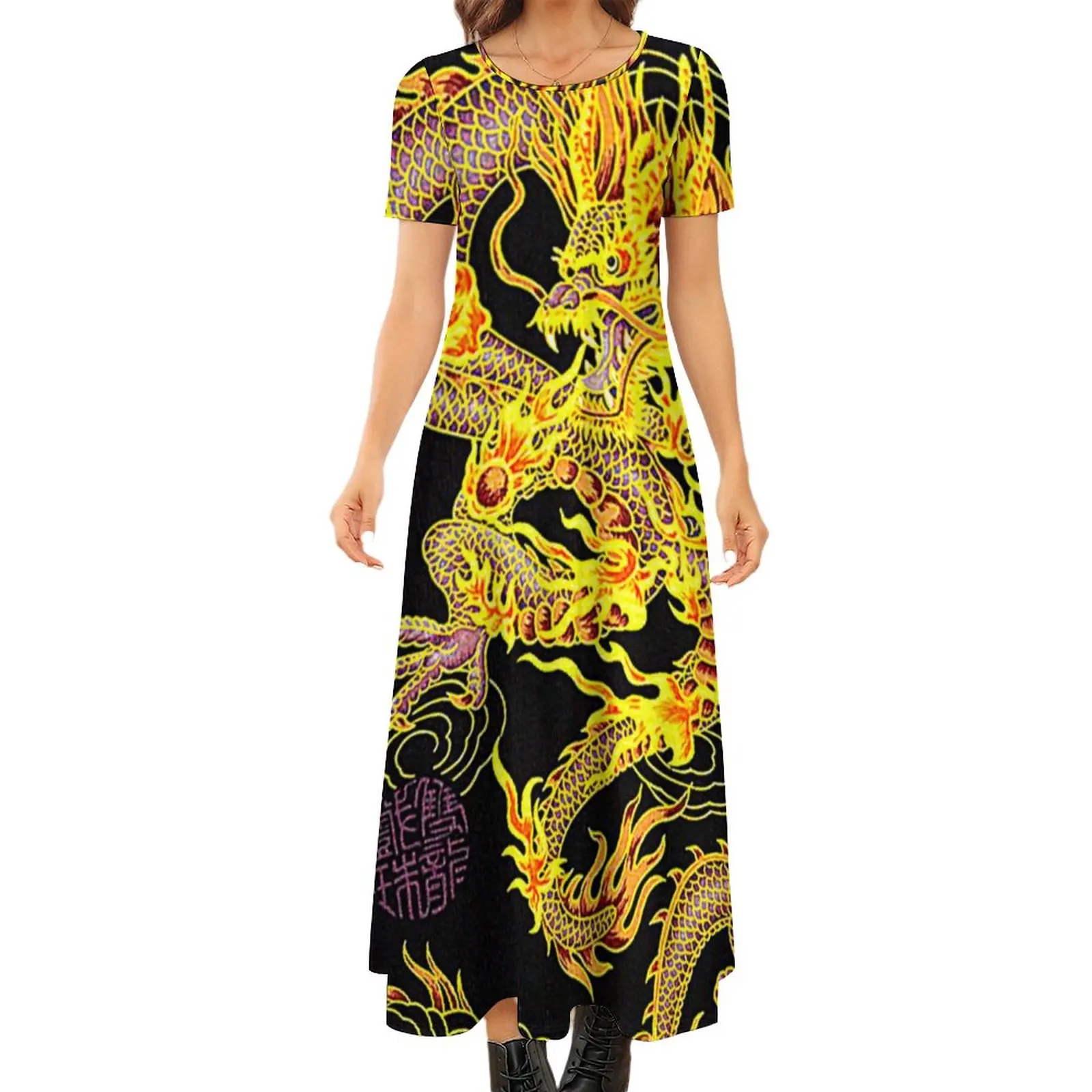 

Popular Chinese Dragon Dress Neo Art Print Kawaii Maxi Dress Short Sleeve Street Wear Boho Beach Long Dresses Big Size Clothes
