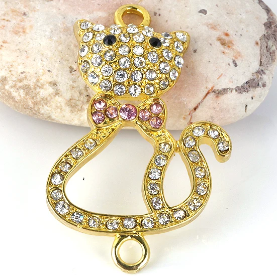 

2pcs Clear Rhinestone Gold Color Alloy Kitty Cat Loose Connector Jewelry Accessories Findings For Makings DIY Bracelat 44x33mm