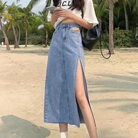 denim midi skirts summer womens high waist side split bag hip thin vintage a line skirts hem single slits zipper streetwear