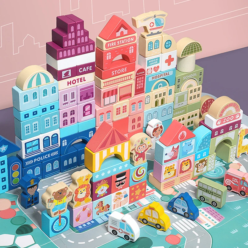 100 Pcs Colour Wooden City Building transportation Blocks Toys Scenes Geometric Shape Assembled Early Educational Toys Kids