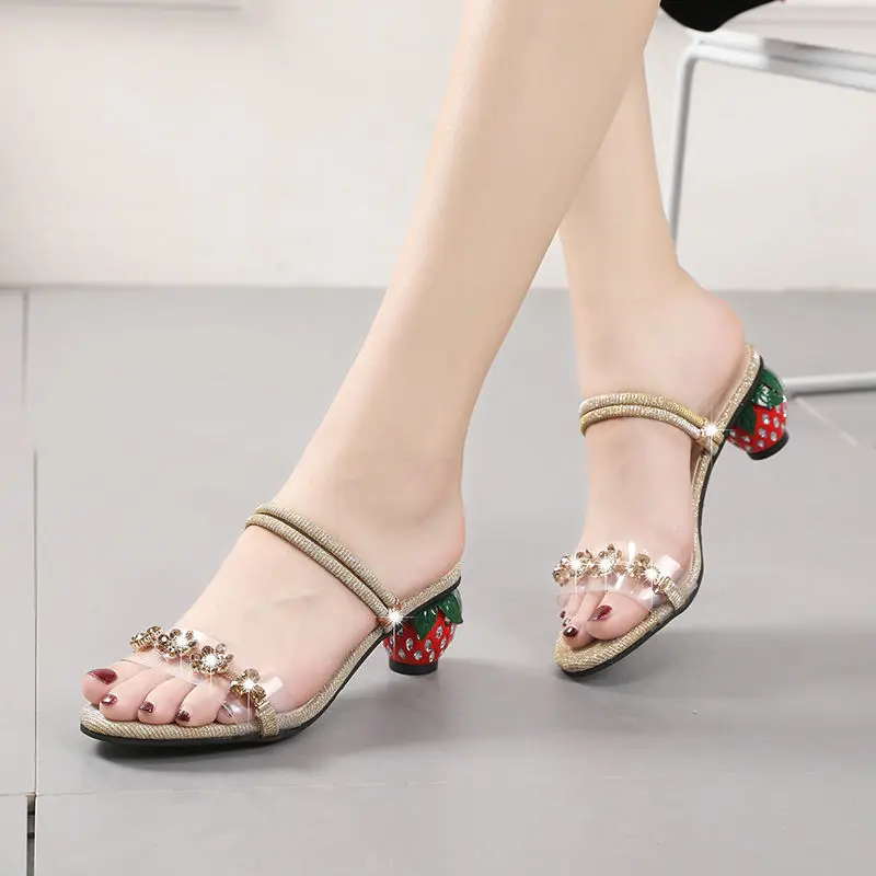 

New Summer Sandals Female 2022 New Fashion Rhinestone Thick with Sandals Slippers with Two Wearing Large Size Women's Sandals