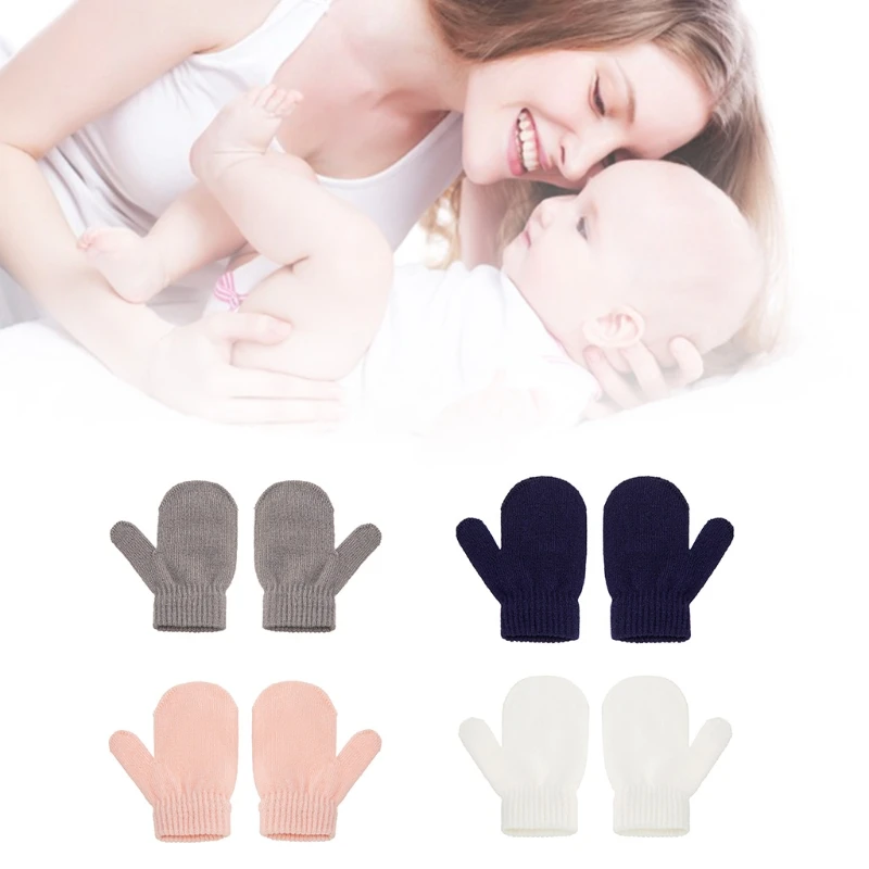 

1 Pair Winter Kids Knit Mittens Toddlers Solid Color Warm Full Finger Gloves for Girls Boys