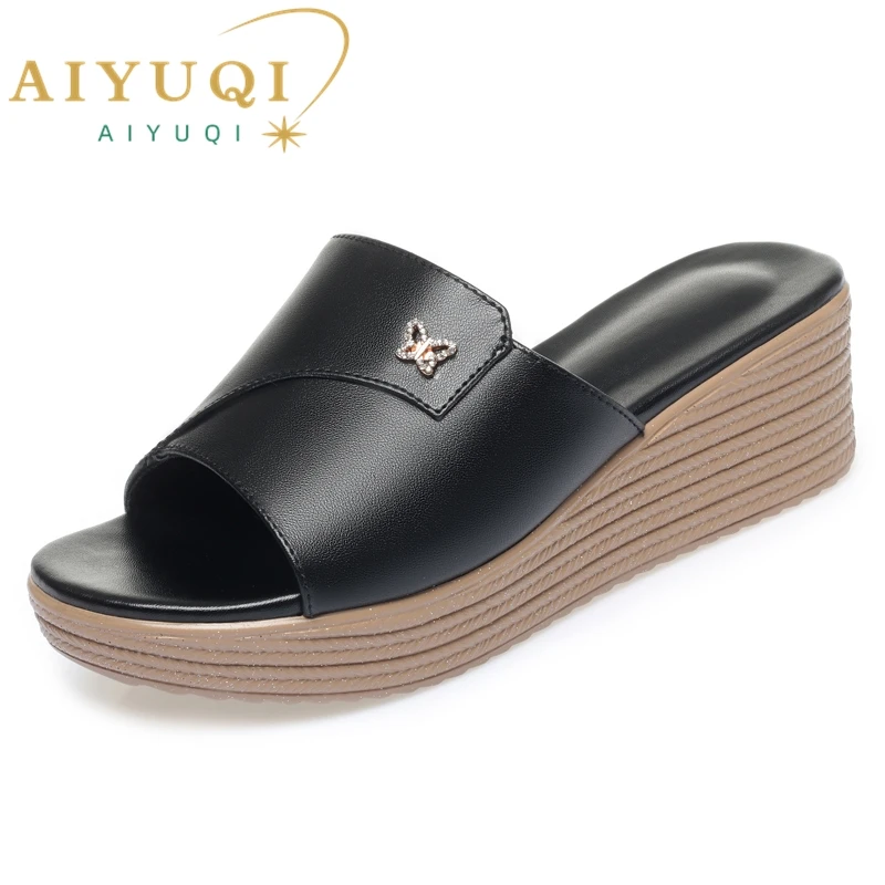 AIYUQI Women Slippers Platform Large Size 41 42 43 New 2023 Summer Outerwear Slippers Women Wedge Genuine Leather Slippers Women
