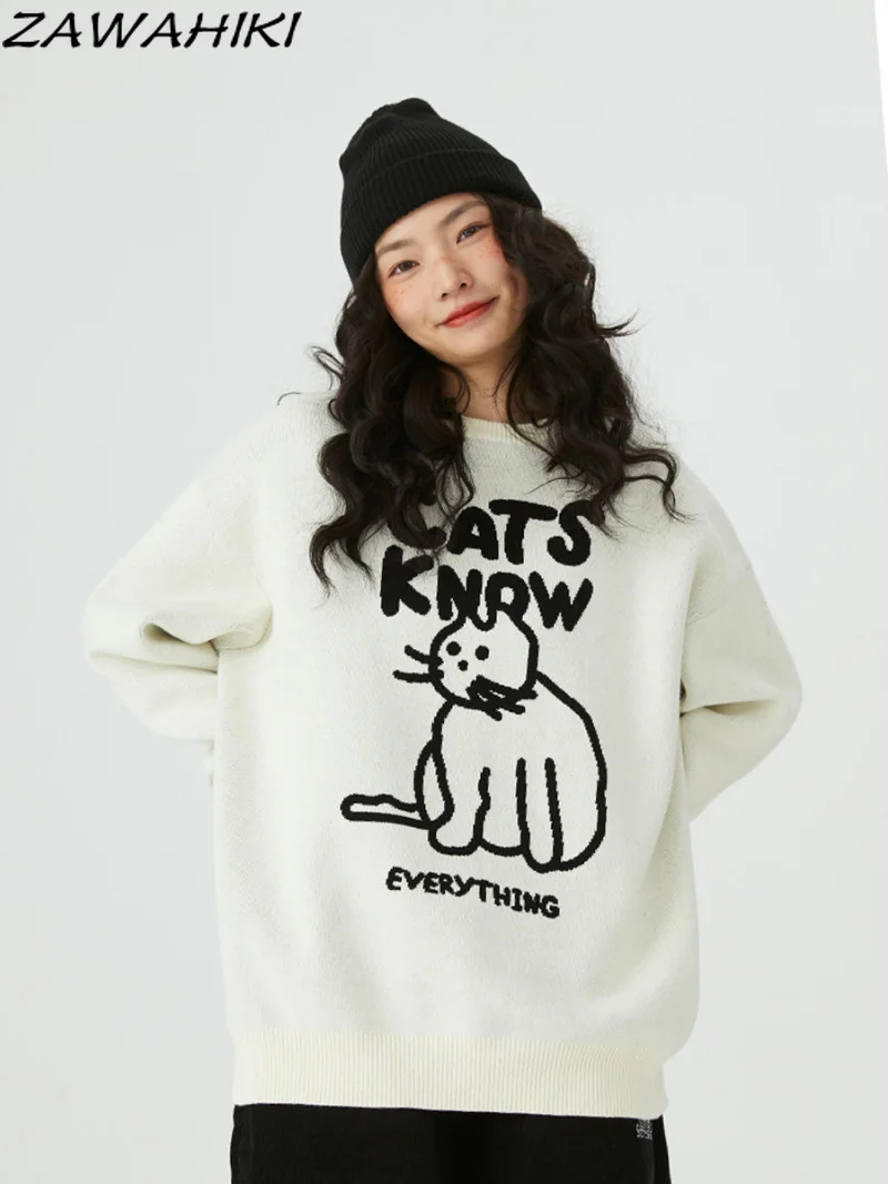 

Women White Black Sweater Round Neck Cartoon Vintage Leisure Loose Winter Female Thicken Warm Knitting Pullover Knitwears