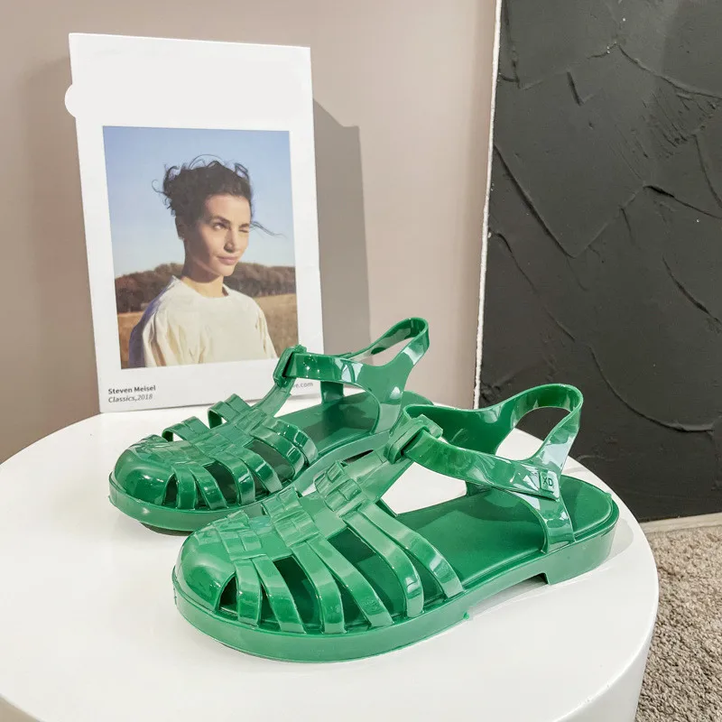 

Beach Sandal Woman Luxury Anti-Skid Shoes Strappy Heels Suit Female Beige 2022 Summer Elastic Band Rhinestone Black Low Flat Je