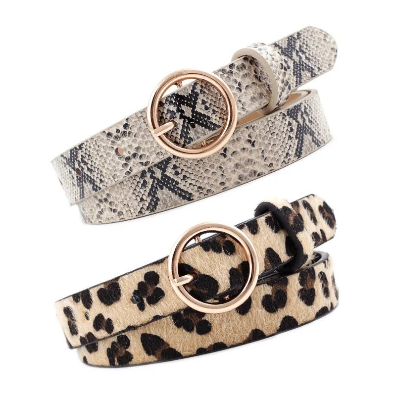 Fashion Leopard Belt Snake Zebra Print Thin Horsehair Waist Belt PU Leather Gold Ring Round Buckle Belts for Women Ladies Female