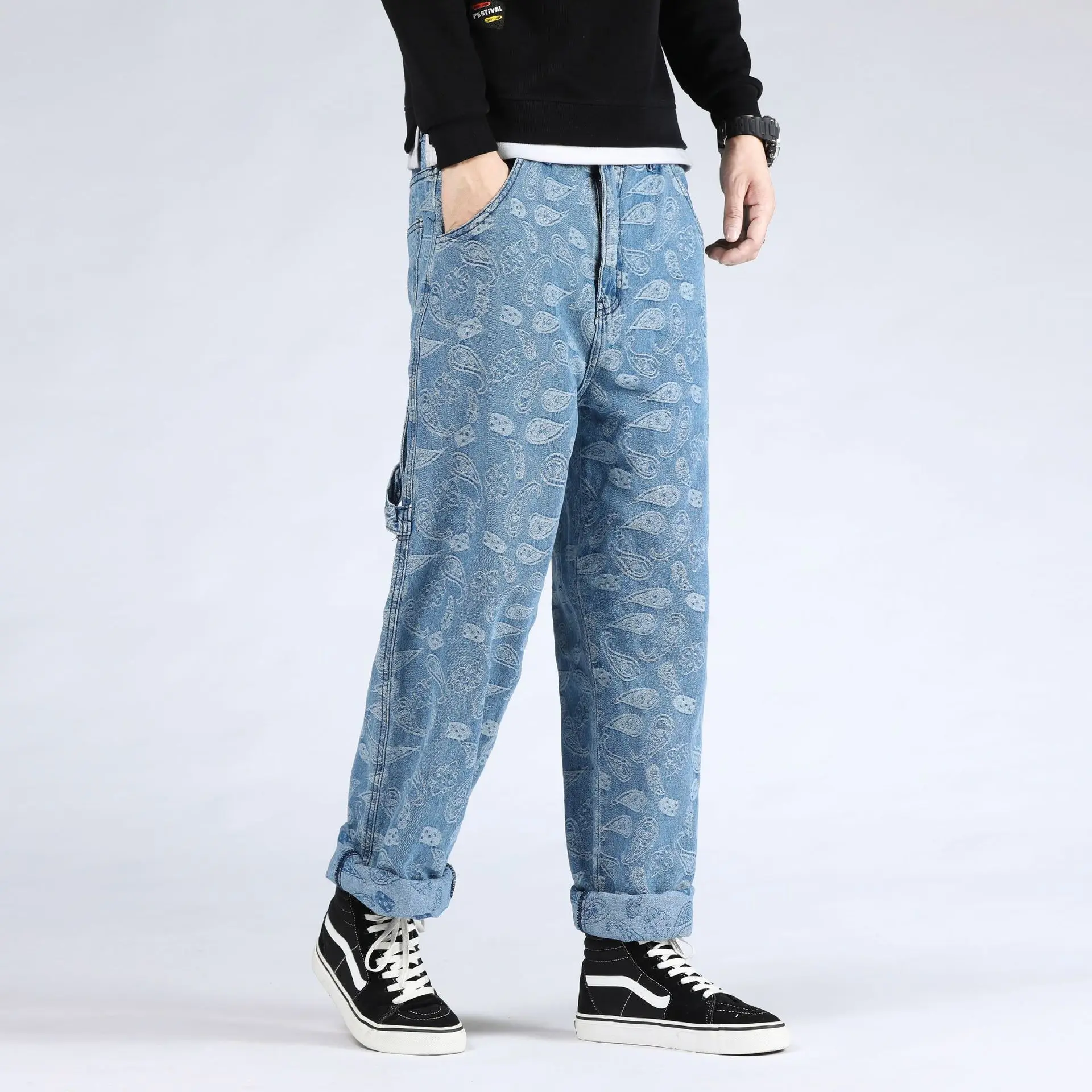 Baggy Jacquard Jeans Trousers Male Wide Leg Denim Pants Harajuku Print Men's Loose Casual Streetwear Hip Hop Trousers Plus Size