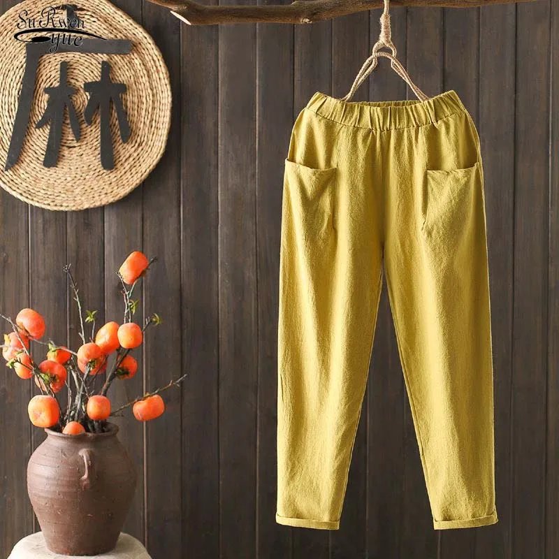 

Summer New 2022 Plus Size Cotton Pants Women Loose Elastic Waist Casual White Harem Pants Women Pocket Cotton Linen Pants 19722