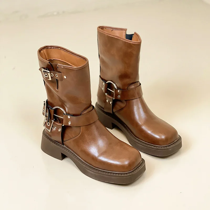 

Punk Style Buckle Strap Mid-Calf Boots Women Black PU Leather Platform Western Boots Woman Big Size Square Toe Thick Heels Boots