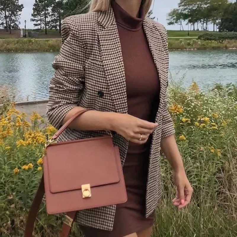 MUXI-Женская двубортная куртка в клетку свободный офисный костюм Официальный