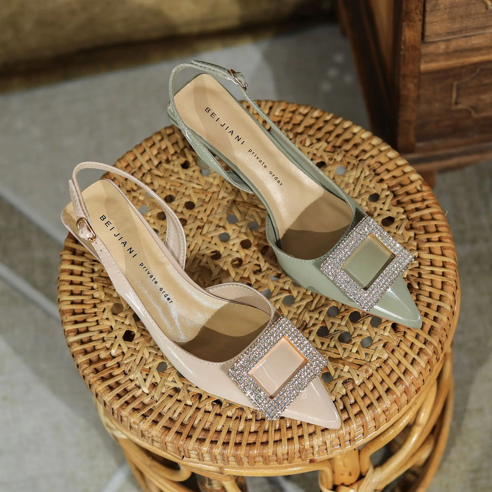 

Rhinestone Square Buckle Pointed Toe Sandals Women's Thin Heel Fashion High Heel Slingbacks Shoes 2022 Spring And Summer