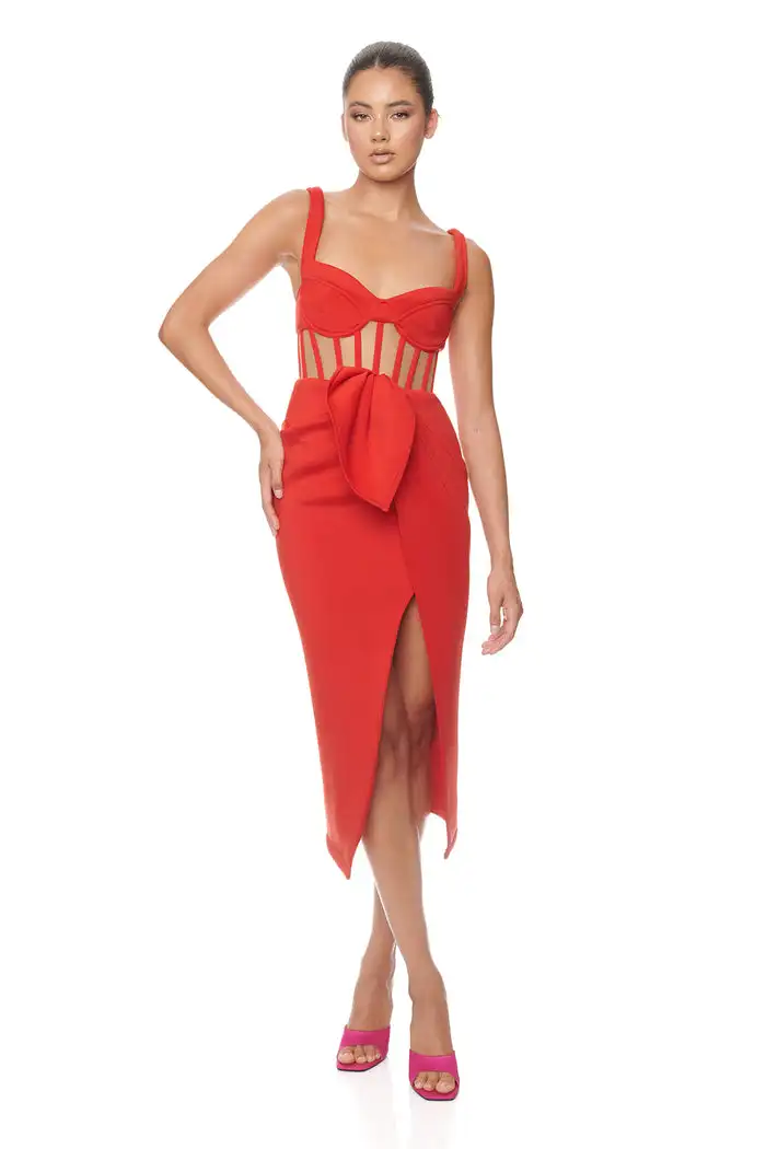

DEIVE TEGER New Women's Sexy Spaghetti Strap Midi Split Bandage Dress Elegant Party Club Dresses Bodycon Dress Vestido