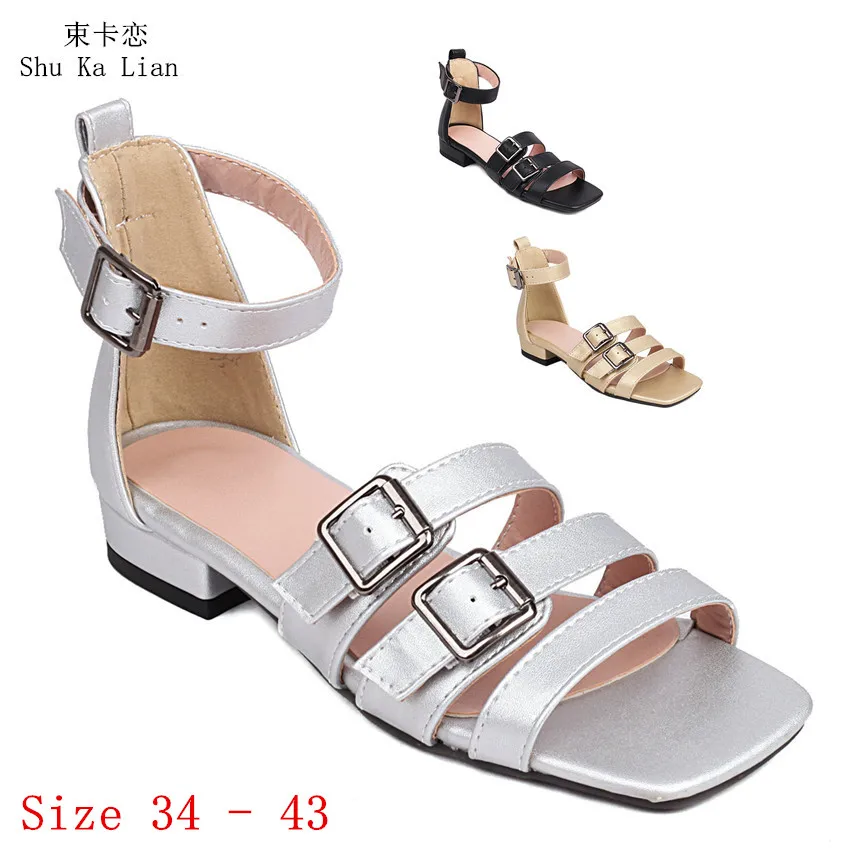 

Women Gladiator Sandals 2 CM Low Heels Slippers Peep Toe Ankle Wrap Summer Shoes Woman Plus Size 34 - 45