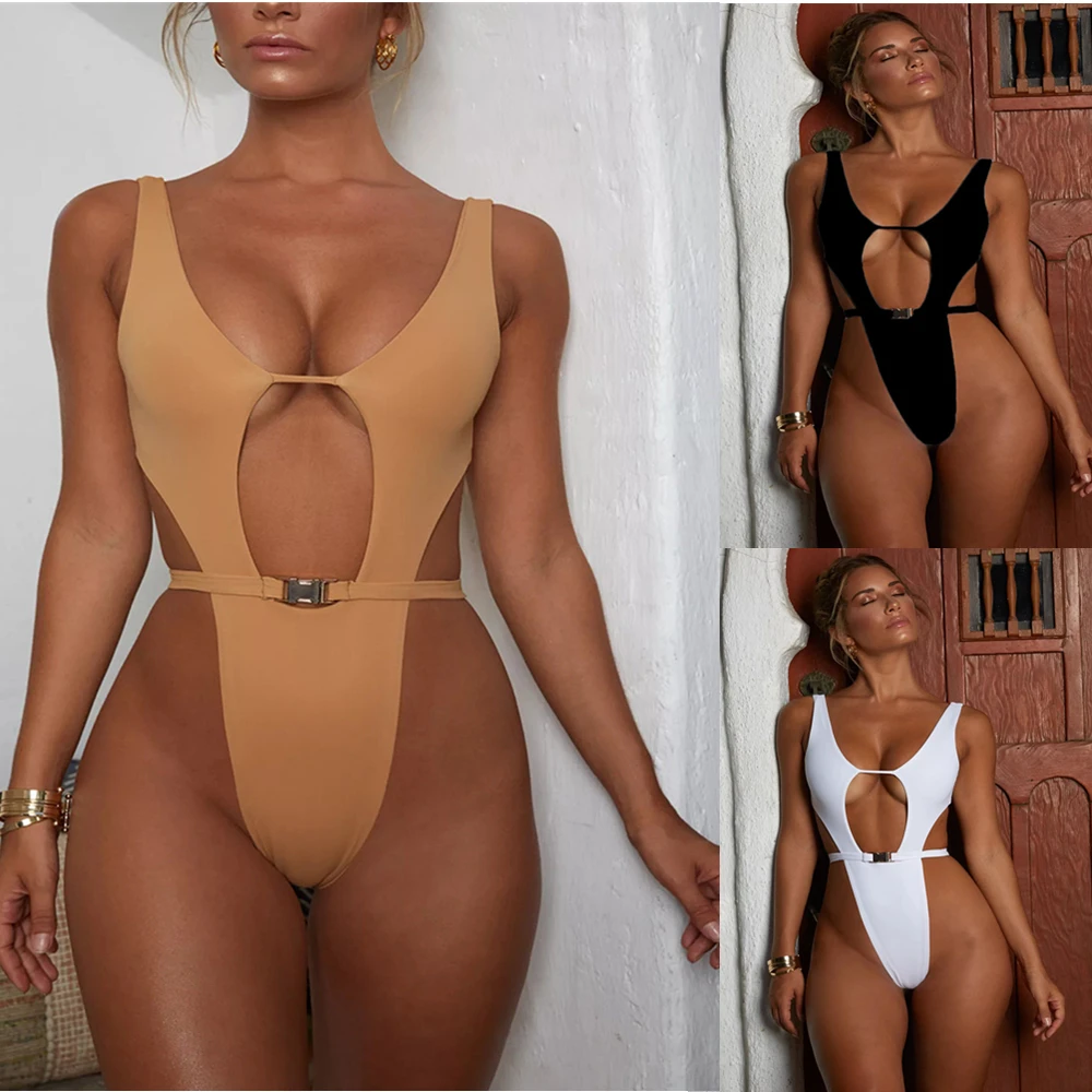 

2022 Monokini Swimsuit One Piece Womens Black Sexy Cut Hollow Out Thong One-piece Bodysuit Swimwear Solid Swim Bathing Suit