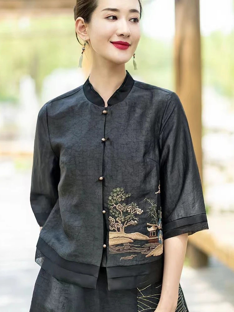

Embroidered Chinese Style Black Turtle Pattern Imitation Silk Tulle Top Women's Three-quarter Sleeve Short Outer Wear Blouse New