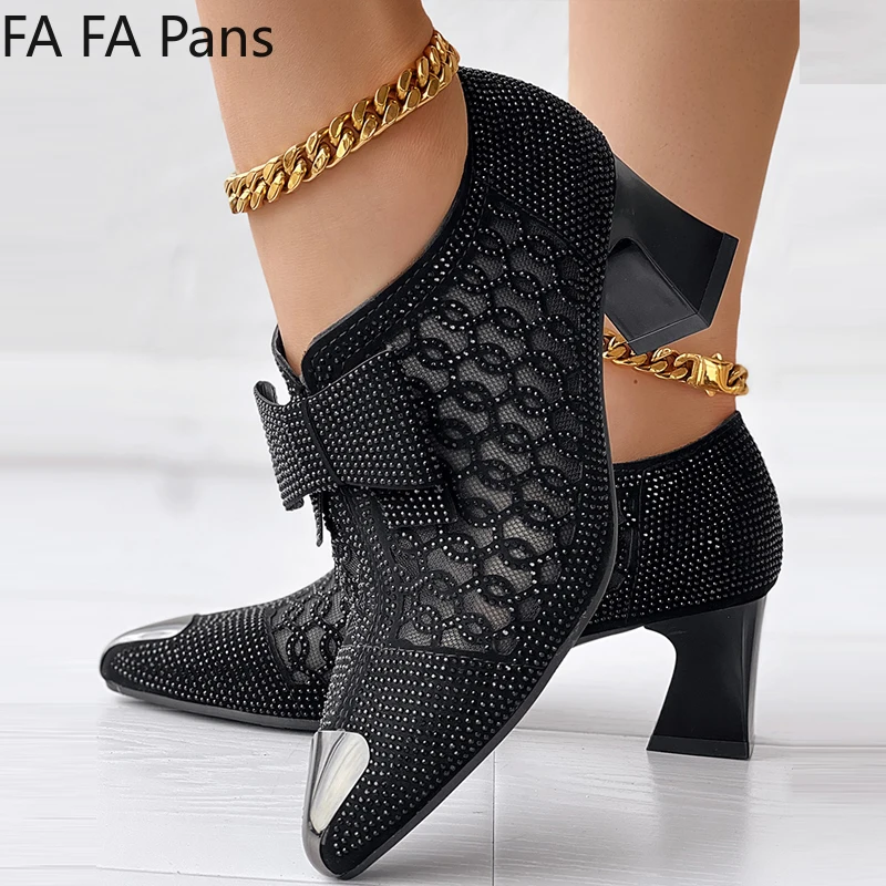 

Women 2023 Side Zip Rhinestone Bowknot Decor Chunky Heels Pumps